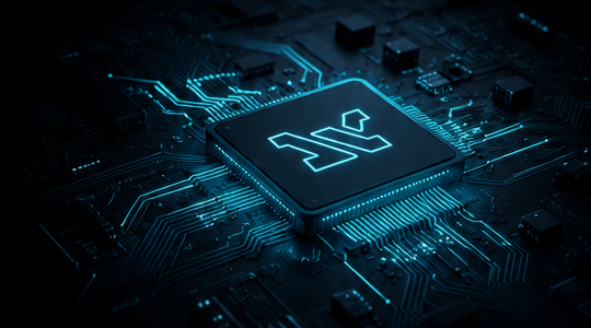 Neon-Cyan Chip auf dunkler Leiterplatte